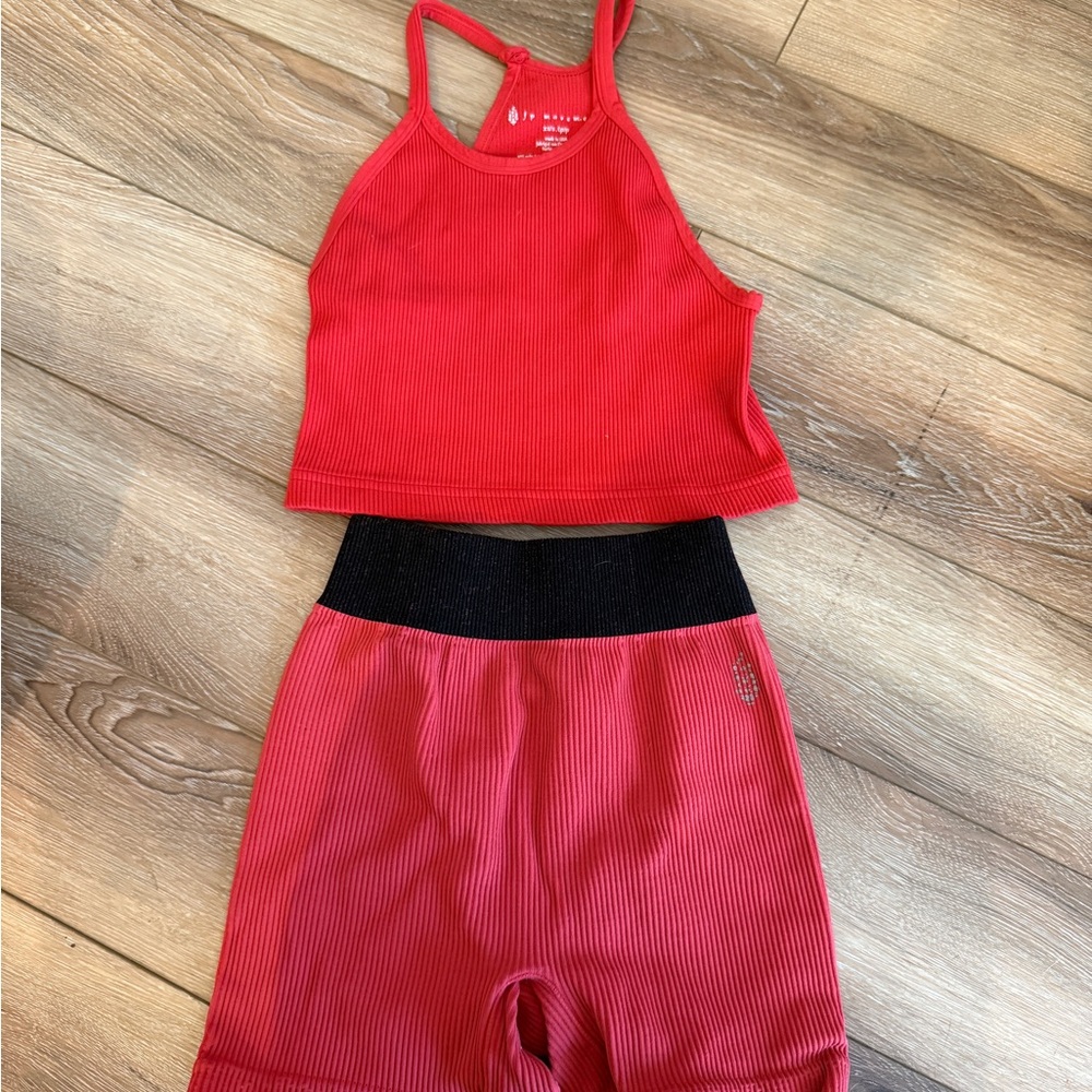 FP Movement by Free People Red Bike Shorts & tank top with Black Waistband